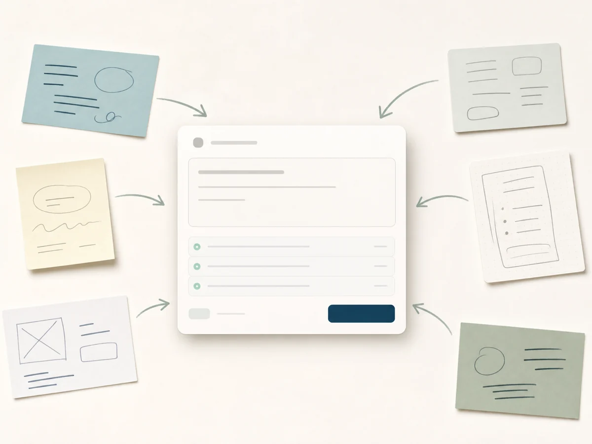 Rough startup notes converging into one structured idea in Promeit